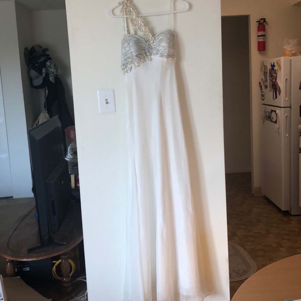 One Shoulder Beaded Open Back Prom Dress